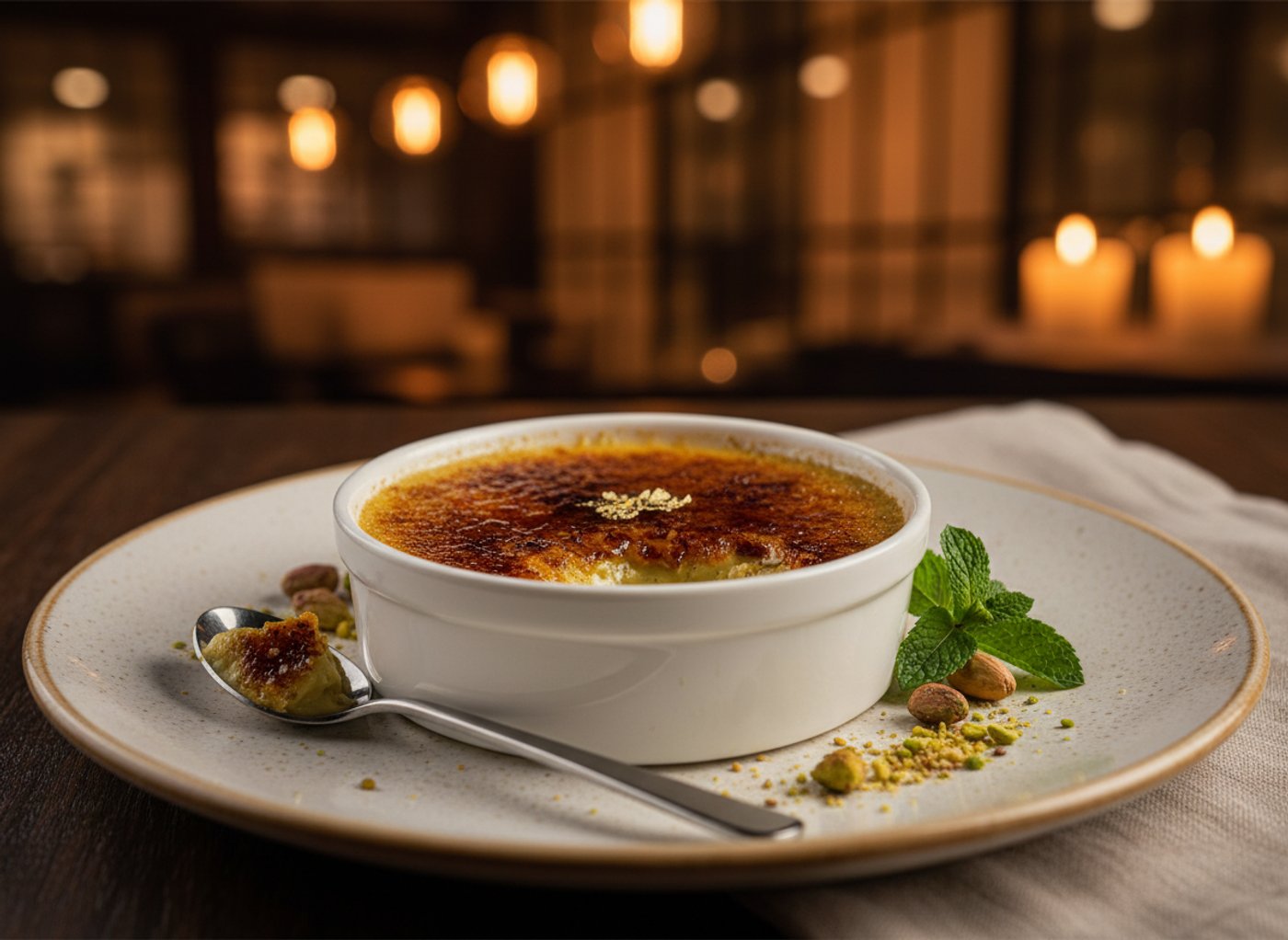 Crème brûlée pistache, croûte de caramel craquante