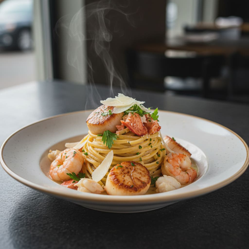 Linguine de la mer aux crevettes, pétoncles et homard