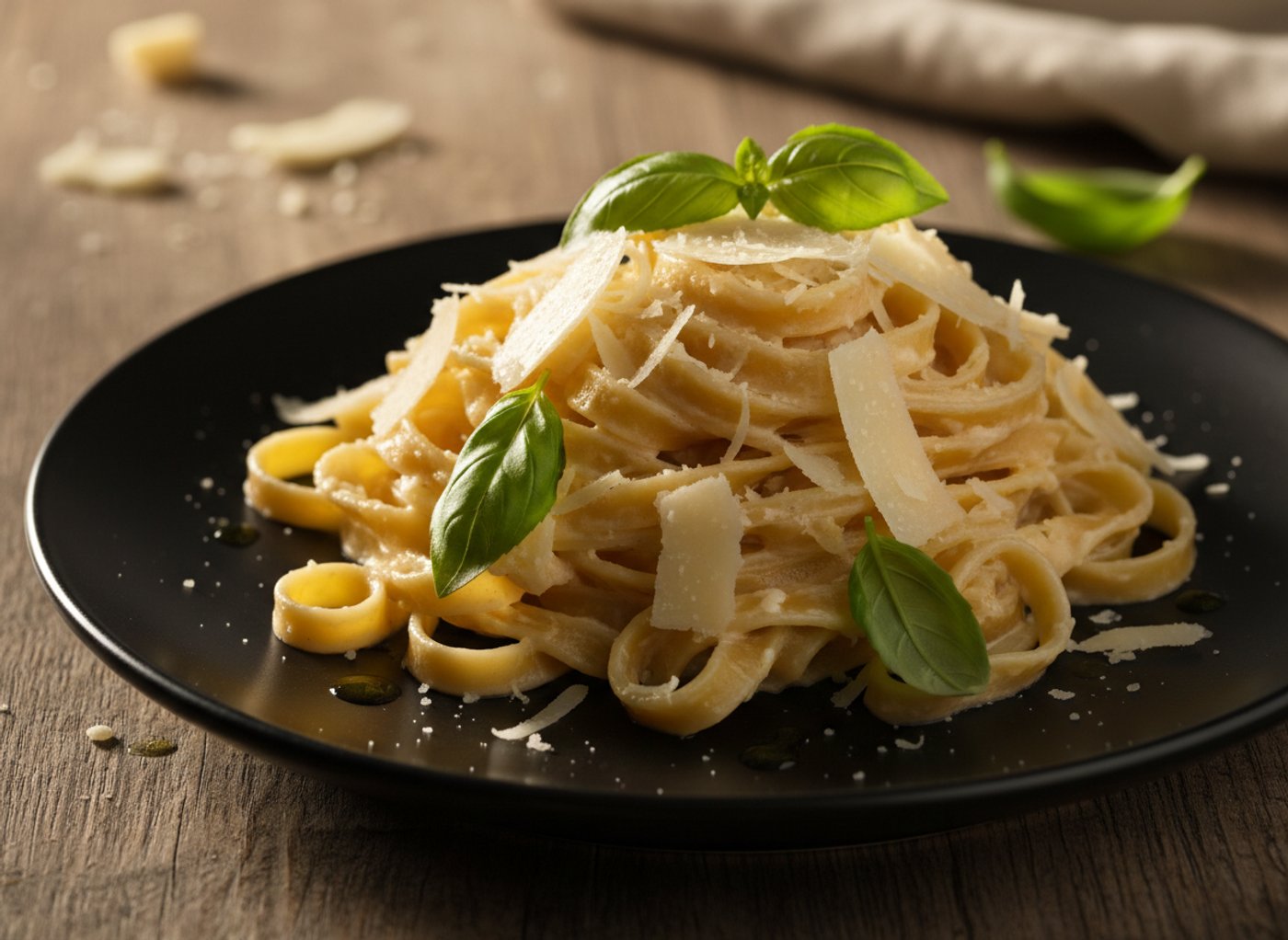 Pâtes fraîches, sauce crémeuse, copeaux de parmesan