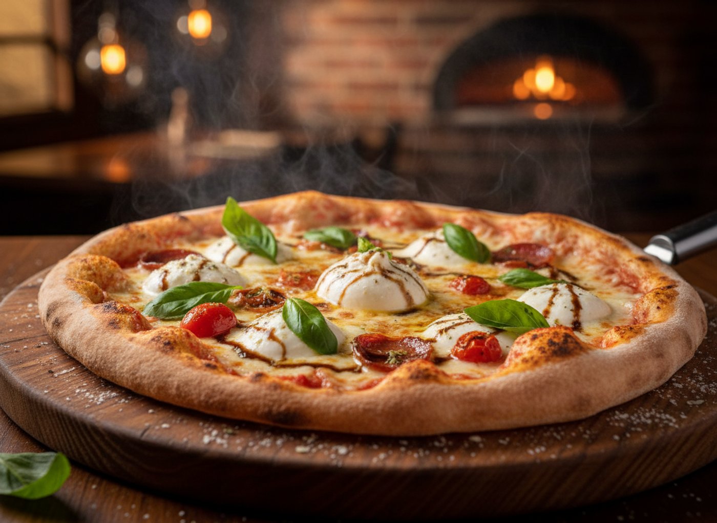 Pizza au four, mozzarella fondante, basilic frais