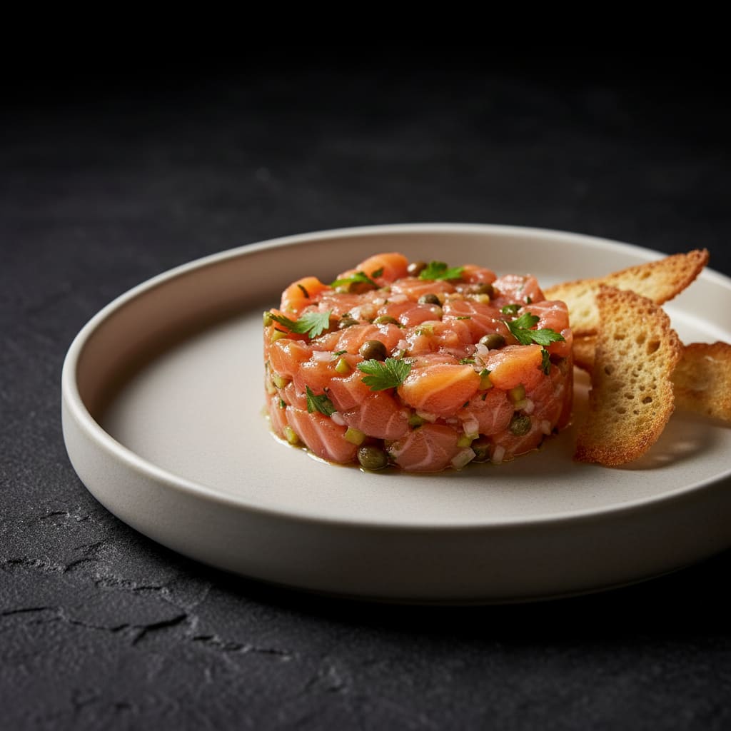Tartare de saumon, câpres, échalotes et croûtons