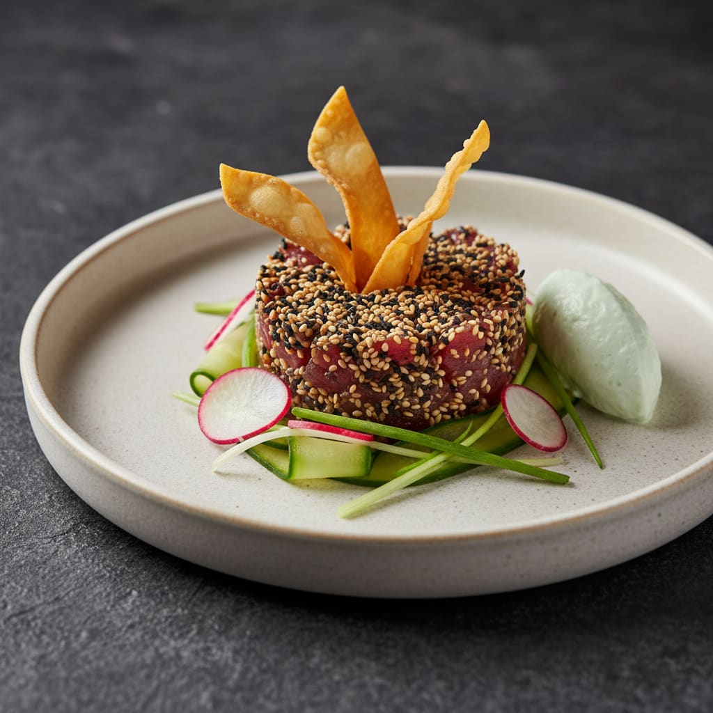 Tartare de thon au sésame, crème fouettée au wasabi et chips de wonton
